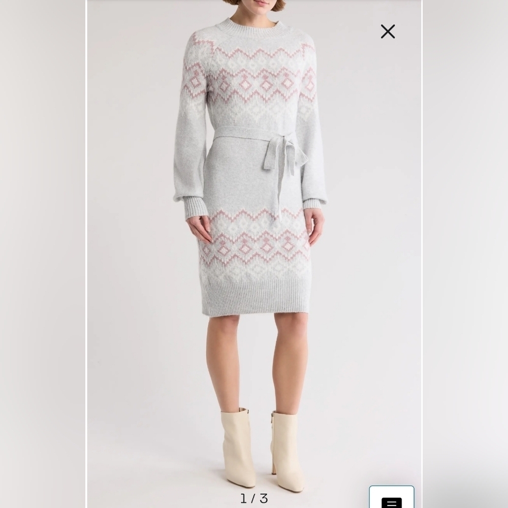Lucky Brand Grey Pink Diamond combo Mock Neck Tie belted Sweater Dress‎ Sz M